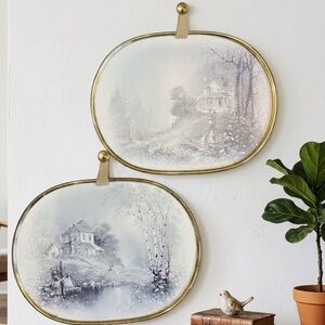 Gold Framed Oval Winter Landscape Wall Art - Soft Gray